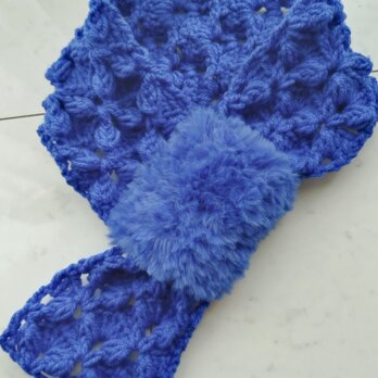 【お客様の声から生まれた】マフラー ファー バタフライ 花 柄 模様 ブルー 青 ショート ループ 手編み 編み物 編み