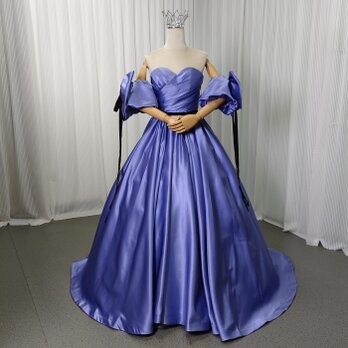 カラードレス パープル ベアトップ 取り外し袖 リボン 光沢サテン 編み上げ ミニトレーン 謝恩会