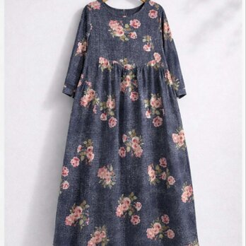綿麻ワンピース リネン 長袖 花柄 ロングドレス レディス 春 ローズ 大人カジュアル ギフト バラ コットン  綿  通勤通学