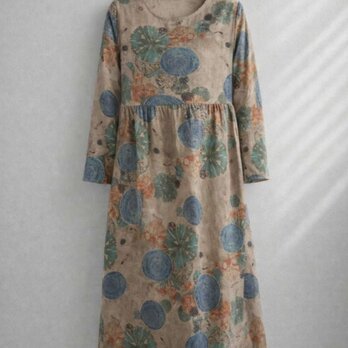 綿麻ワンピース 長袖 花柄 リネン ロングドレス レディス 春 大人カジュアル ギフト コットン  綿  通勤通学 おしゃれ