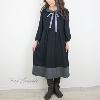 [予約販売]　ウールネイビーグレー2WAYフラットカラーワンピース