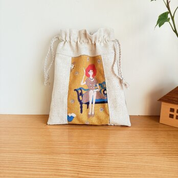 レトロ柄の巾着袋