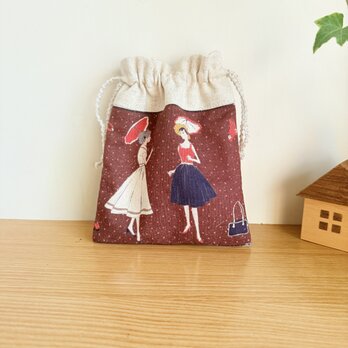 レトロ柄の巾着袋