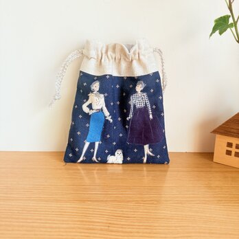 レトロ柄の巾着袋