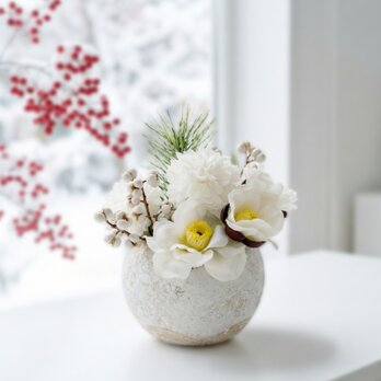 寒椿の和風ポット　季節の花シリーズ