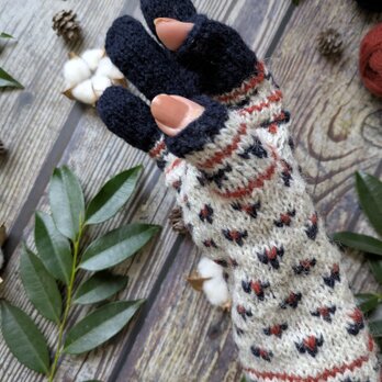 冬の休日〜紺と赤と白の模様編みのスマホ対応手袋