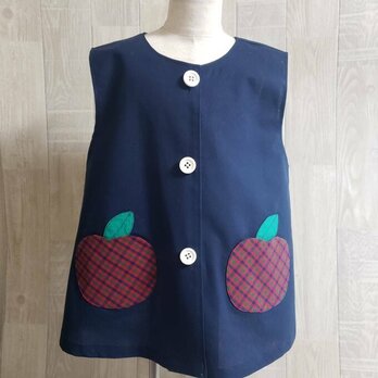 【80～160】りんごポケット レッド チェック ネイビー 前ボタン 袖なしスモック 着丈延長可