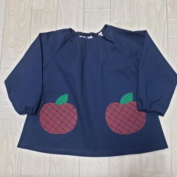 【80～160】りんごポケット レッド チェック ネイビー 長袖スモック 着丈延長可