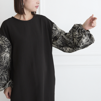 【✨丈調整できる】立体感ある大人の花柄ジャガード 異素材バルーン袖 ワンピース　ブラック　0772BK