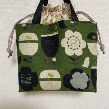 外ポケット付き　巾着バッグ　あおり巾着バッグ　綿麻キャンバス　フラワーバード