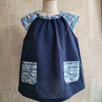 【80～160】リバティ カーズ ネイビー 半袖 スモック ショート袖 首パイピング 袖柄生地
