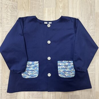 【80〜160】リバティ カーズ オックス ネイビー 前ボタン 長袖スモック 着丈延長可