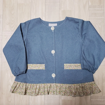 【80〜160】 リバティA ③ピンク ラセンビィコットン デニムプリント 前ボタン長袖スモック 裾フリル