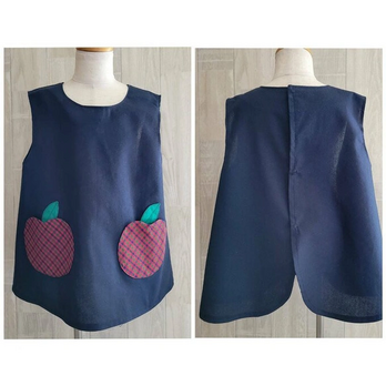 【80～160】りんごポケット レッド チェック ネイビー 後ろあき 袖なしスモック