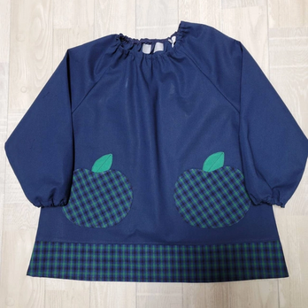 【80～160】りんごポケット グリーンチェック ネイビー 長袖スモック 裾切替 着丈延長可