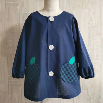 【80～160】りんごポケット グリーン チェック ネイビー 前ボタン 長袖スモック 着丈延長可