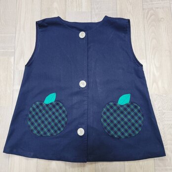【80～160】りんごポケット グリーン チェック ネイビー 前ボタン 袖なし ノースリーブ スモック