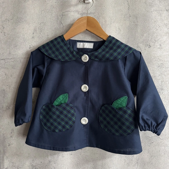 【80～160】りんごポケット グリーンチェック ネイビー セーラー襟 前ボタン 長袖スモック 着丈延長可