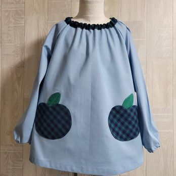 【80～160】りんごポケット グリーン チェック ブルー系 長袖スモック 首パイピング 着丈延長可