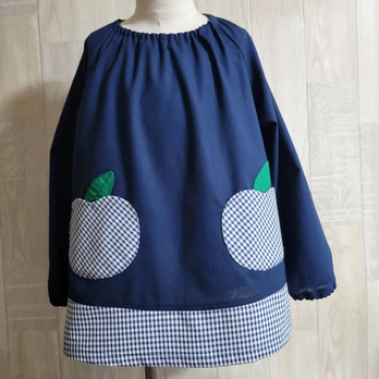 【80～160】りんごポケット ギンガムチェック ネイビー 長袖スモック 首パイピング 切替 着丈延長可