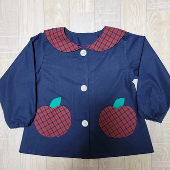 【80～160】りんごポケット レッドチェック ネイビー セーラー襟 前ボタン 長袖スモック 着丈延長可