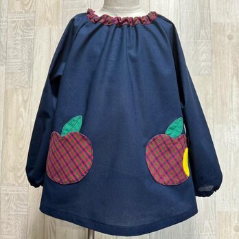 【80〜160】かじり りんごポケット レッド チェック 長袖スモック 首パイピング 着丈延長可