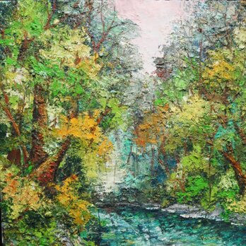 油絵【新緑の渓流】