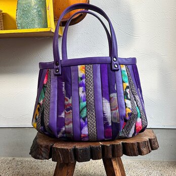 革と古布のパッチワークバッグ（パープルの革＋着物生地）01016-128