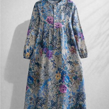 綿麻ワンピース 長袖 花柄 リネン ロングドレス レディス 春 大人カジュアル ギフト コットン  綿  通勤通学 おしゃれ