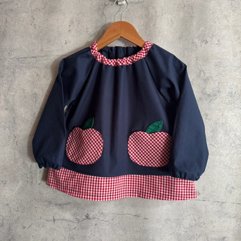 【80～160】りんごポケット レッド ギンガムチェック ネイビー 長袖スモック 裾切替あり 着丈延長可