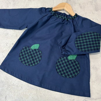【80～160】りんごポケット グリーン チェック ネイビー 長袖スモック ひじあて 着丈延長可
