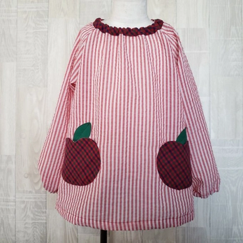 【80～160】りんごポケット レッド チェック リップル 長袖スモック 首パイピング