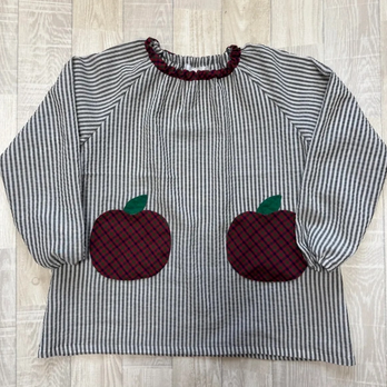 【80～160】りんごポケット レッド チェック グレー リップル 長袖スモック 首パイピング