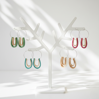 【ステンレス×イタリアンレザー】3cmワイヤーフープピアス｜きなりナチュラル×カラーレザー（一組）