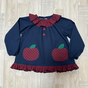 【80～160】りんごポケット タータンチェック 赤 襟裾フリル 長袖スモック くるみボタン 着丈延長可