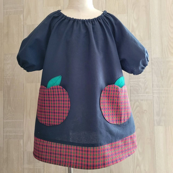 【80～160】りんごポケット レッド チェック ネイビー 半袖スモック 裾切替 袖口ゴム入り 着丈延長可