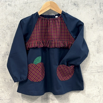 【*80〜160】りんごポケット タータンチェック 赤 長袖スモック 胸元フリル 着丈延長可