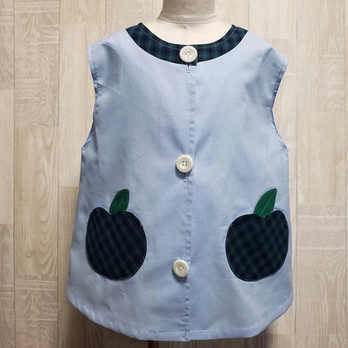 【80～160】りんごポケット グリーン チェック サックス  前ボタン 袖なし ノースリーブ 首パイピング 着丈延長可