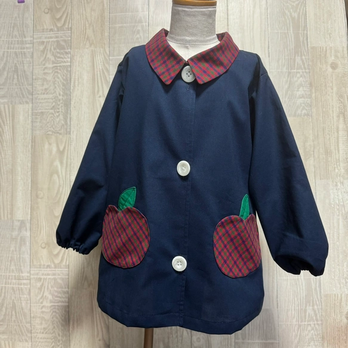 【80～160】りんごポケット レッド チェック ネイビー 前ボタン 長袖スモック 襟付き 着丈延長可