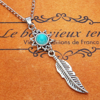 シルバーカラー フェザーとひまわりのネイティブ・アメリカンネックレス ターコイズ 長さ変更可 ステンレス可