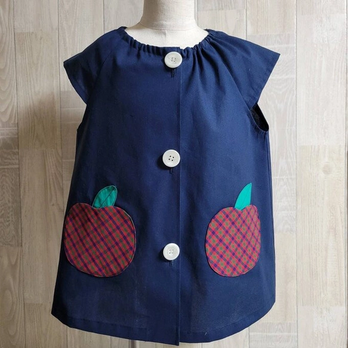 【80～160】りんごポケット レッド チェック ネイビー 前ボタン 半袖スモック ショート袖 首ゴム入り 着丈延長可