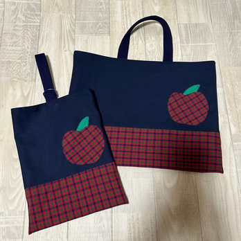 2点セット レッスンバッグ  上履き入れ りんご レッドチェック 裏地 帆布