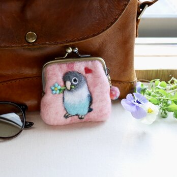 ブルーボタンインコの小さな羊毛フェルトがま口