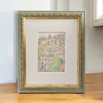 対岸から（スペイン、グラナダ、原画、透明水彩、額付き）