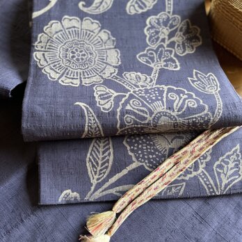 正絹生紬地　花唐草型染め袋帯