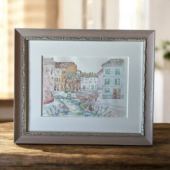 近くの島へちょっと寄り道（イタリア、ヴェネツィアの島、原画、透明水彩、額付き）