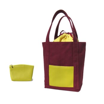 バイカラートートBAG　ポーチセット　ワインレッド　イエロー