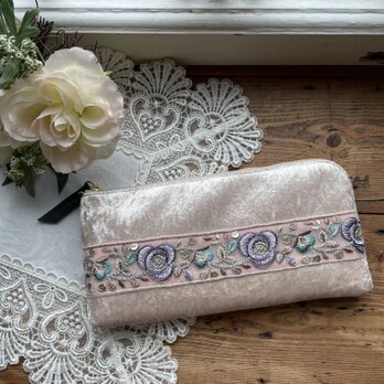 インド刺繍リボンL字ファスナー長財布(ベージュ系クラッシュベロアⅡ)
