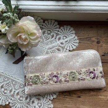 インド刺繍リボンL字ファスナー長財布(ベージュ系クラッシュベロアⅠ)