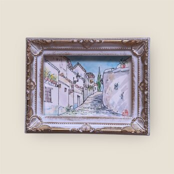 坂道をのぼれば(スペイン、グラナダ、着彩画、原画、透明水彩、写真立て入り）